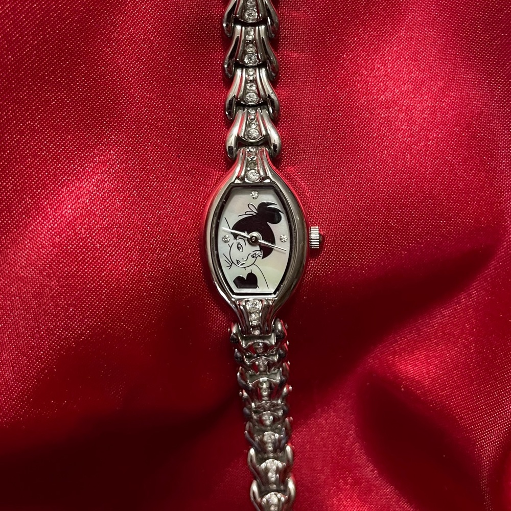 Tinker Bell Disney watch, silver with crystals.